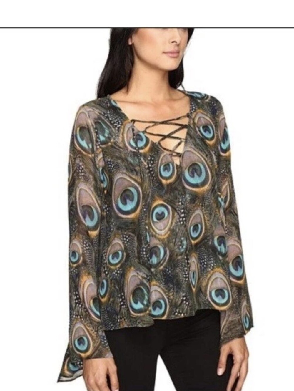 Show Me Your Mumu Teal Peacock Print Lace-Up Blouse S NWT